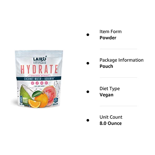 SL Travel Supplements - Laird Superfood HYDRATE Coconut Water Powder Drink Supplement with Coconut Water and Auqamin, All Natural, No Added Sugars, Gluten-Free, Non-GMO, Vegan, 8 oz. Bag, Pack of 1