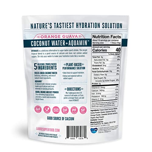 SL Travel Supplements - Laird Superfood HYDRATE Coconut Water Powder Drink Supplement with Coconut Water and Auqamin, All Natural, No Added Sugars, Gluten-Free, Non-GMO, Vegan, 8 oz. Bag, Pack of 1