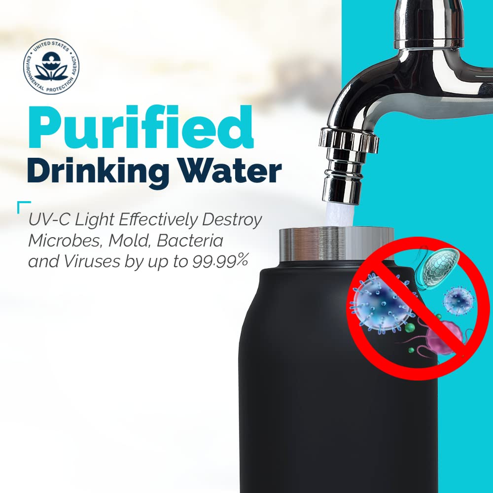 SL Travel Gear WB - Go Self-Cleaning UV Water Bottle - 18.6 oz Insulated Stainless-Steel Rechargeable Reusable Bottle Push Button Sterilization Travel Friendly BPA Free Leakproof Safety Lock and Touch Sensor