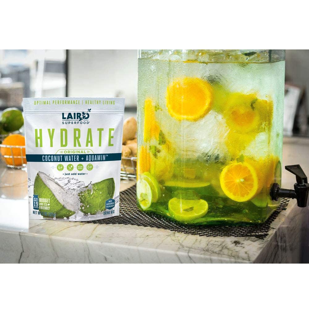 SL Travel Supplements - Laird Superfood HYDRATE Coconut Water Powder Drink Supplement with Coconut Water and Auqamin, All Natural, No Added Sugars, Gluten-Free, Non-GMO, Vegan, 8 oz. Bag, Pack of 1
