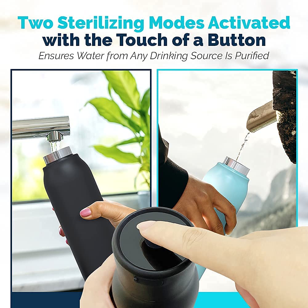 SL Travel Gear WB - Go Self-Cleaning UV Water Bottle - 18.6 oz Insulated Stainless-Steel Rechargeable Reusable Bottle Push Button Sterilization Travel Friendly BPA Free Leakproof Safety Lock and Touch Sensor
