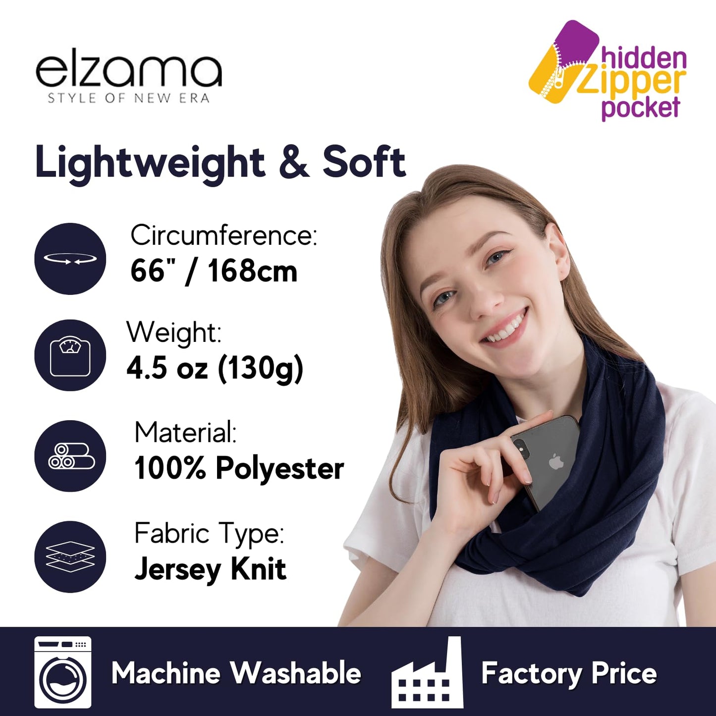 Infinity Loop Solid Color Scarf With Hidden Zipper Pocket For Women - Lightweight Travel Neck Wrap