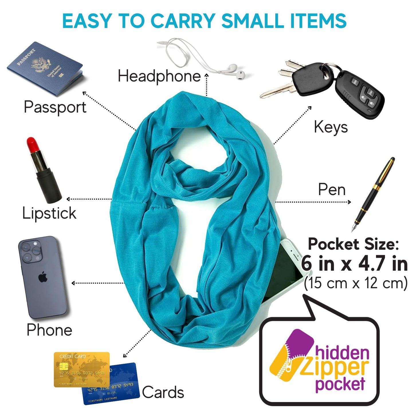 Infinity Loop Solid Color Scarf With Hidden Zipper Pocket For Women - Lightweight Travel Neck Wrap