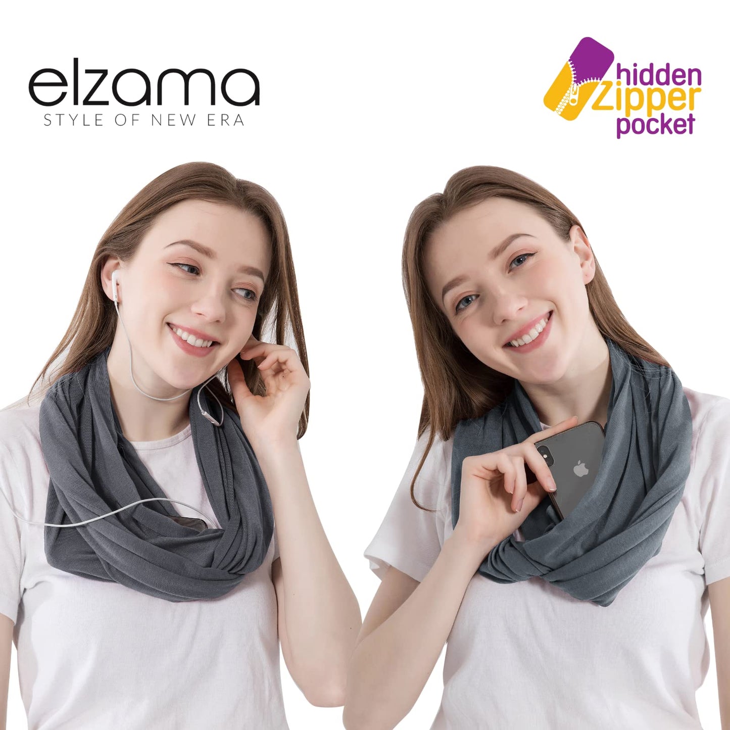 Infinity Loop Solid Color Scarf With Hidden Zipper Pocket For Women - Lightweight Travel Neck Wrap