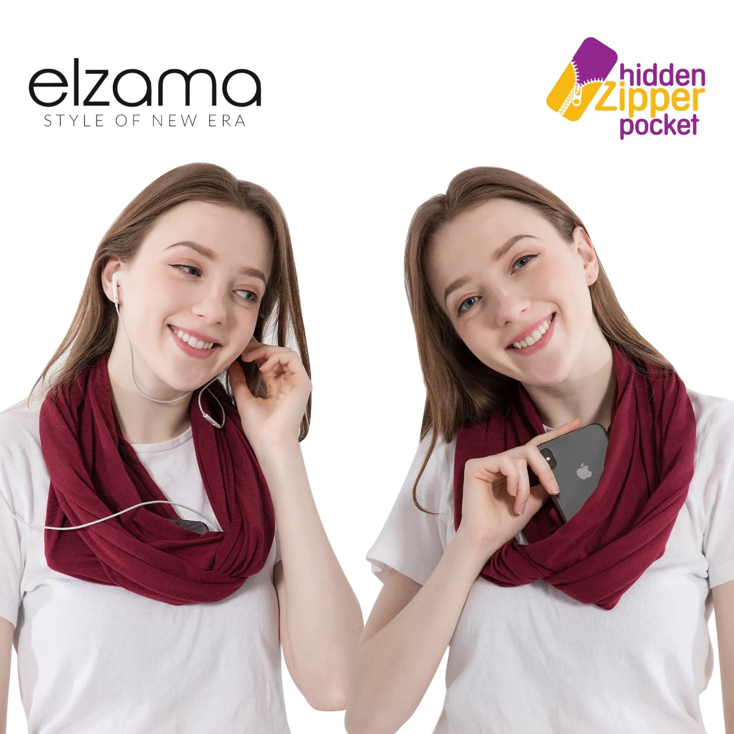 Infinity Loop Solid Color Scarf With Hidden Zipper Pocket For Women - Lightweight Travel Neck Wrap