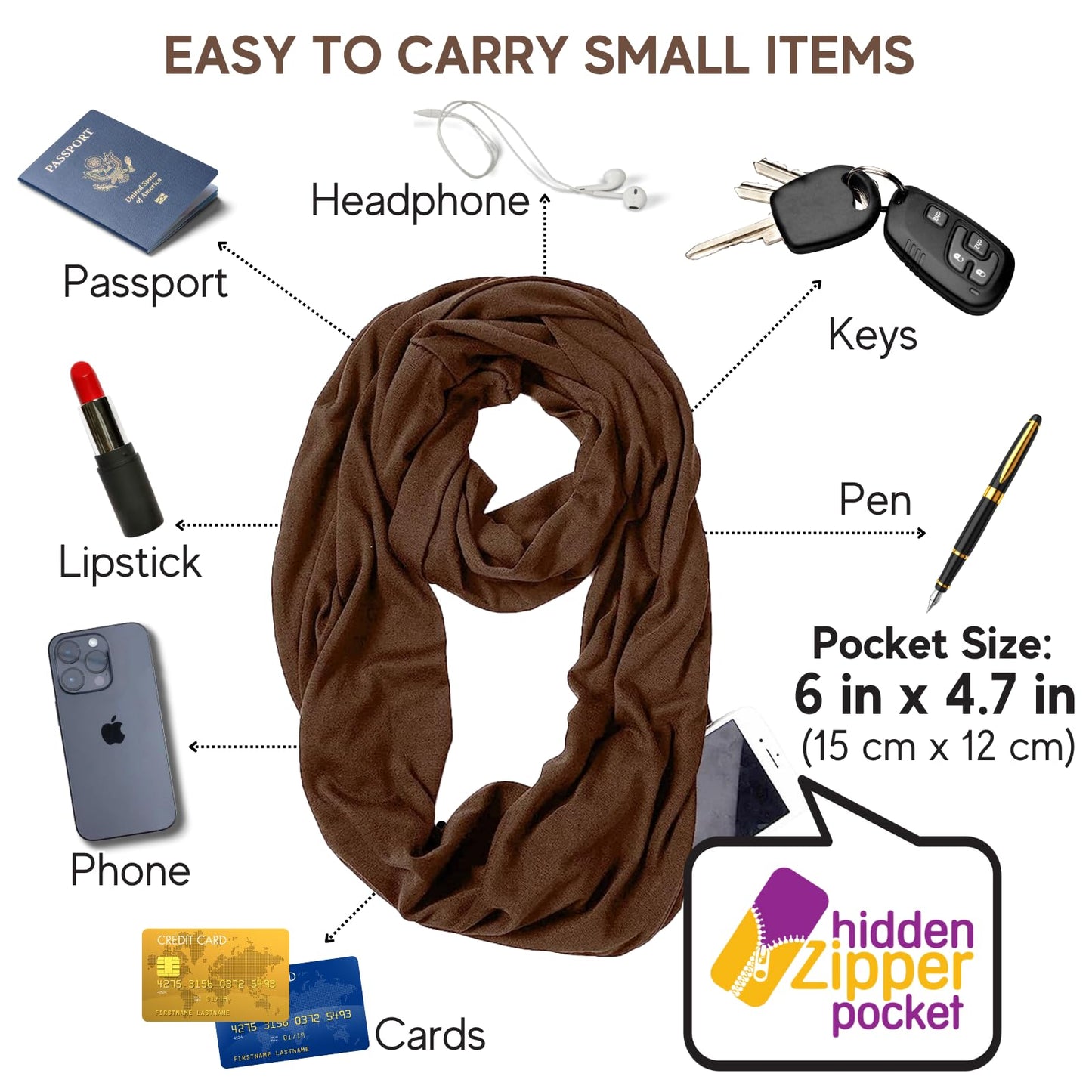 Infinity Loop Solid Color Scarf With Hidden Zipper Pocket For Women - Lightweight Travel Neck Wrap