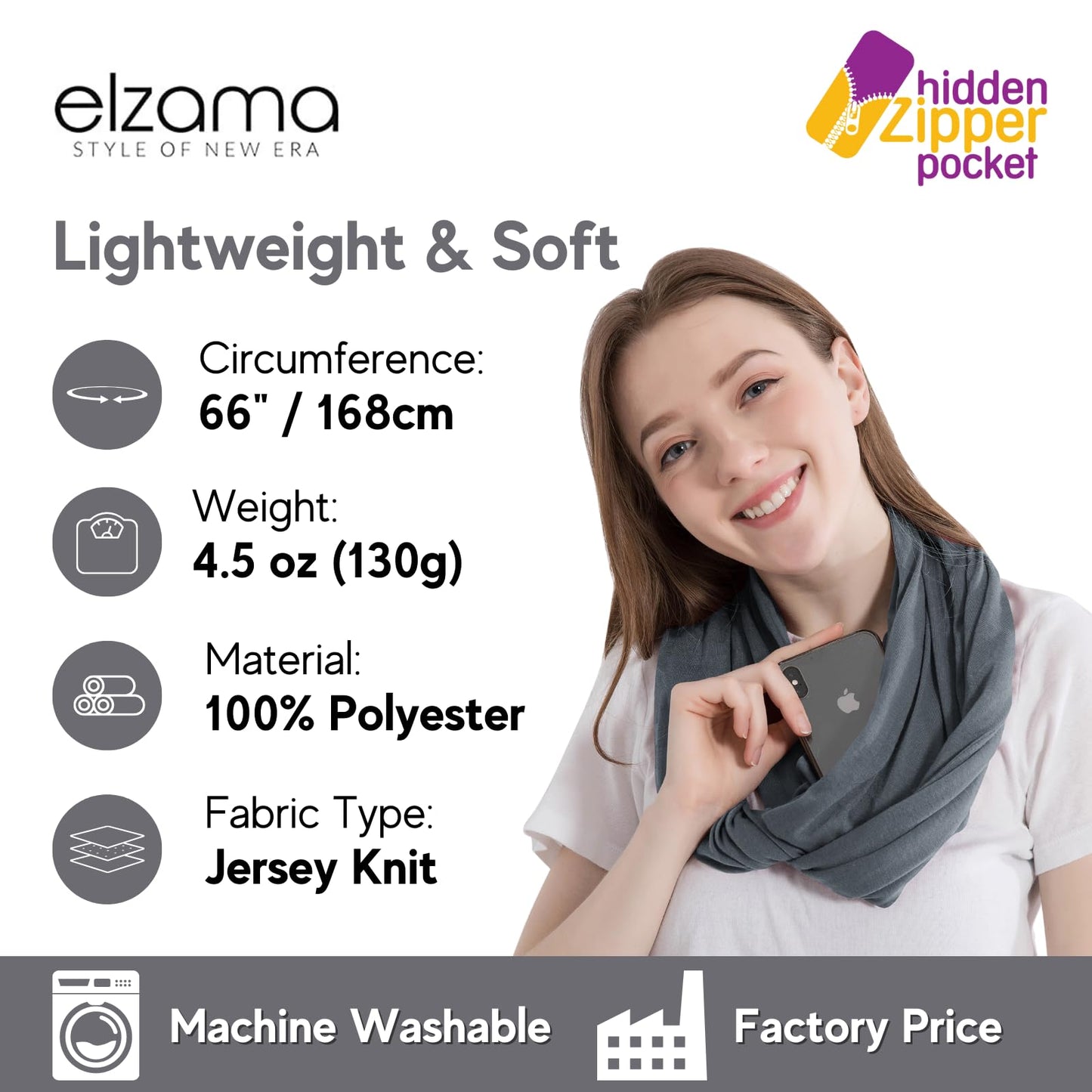 Infinity Loop Solid Color Scarf With Hidden Zipper Pocket For Women - Lightweight Travel Neck Wrap