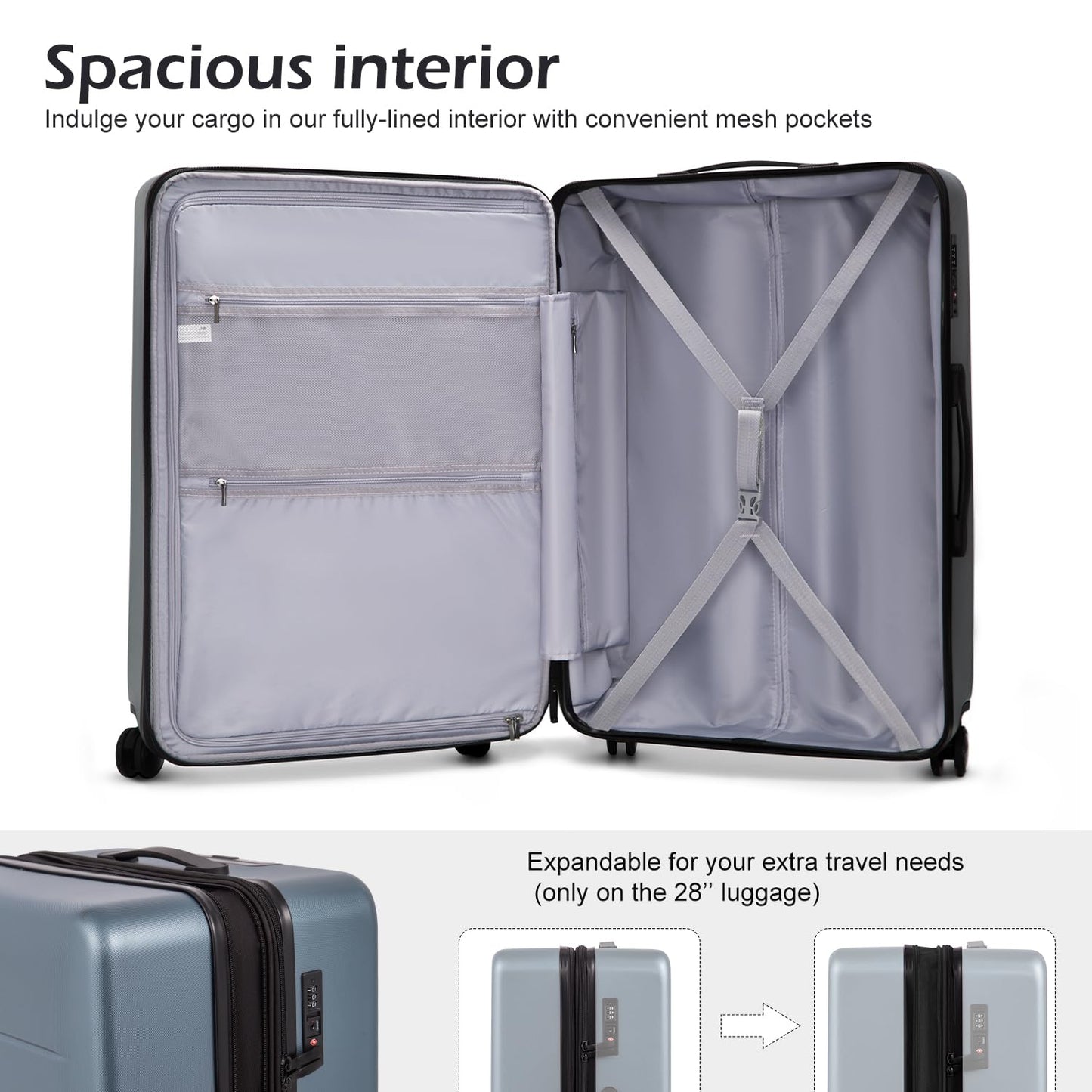 Luggage Suitcase Piece Carry On ABS+PC Spinner Trolley with pocket Compartment(White, 20in(carry on))