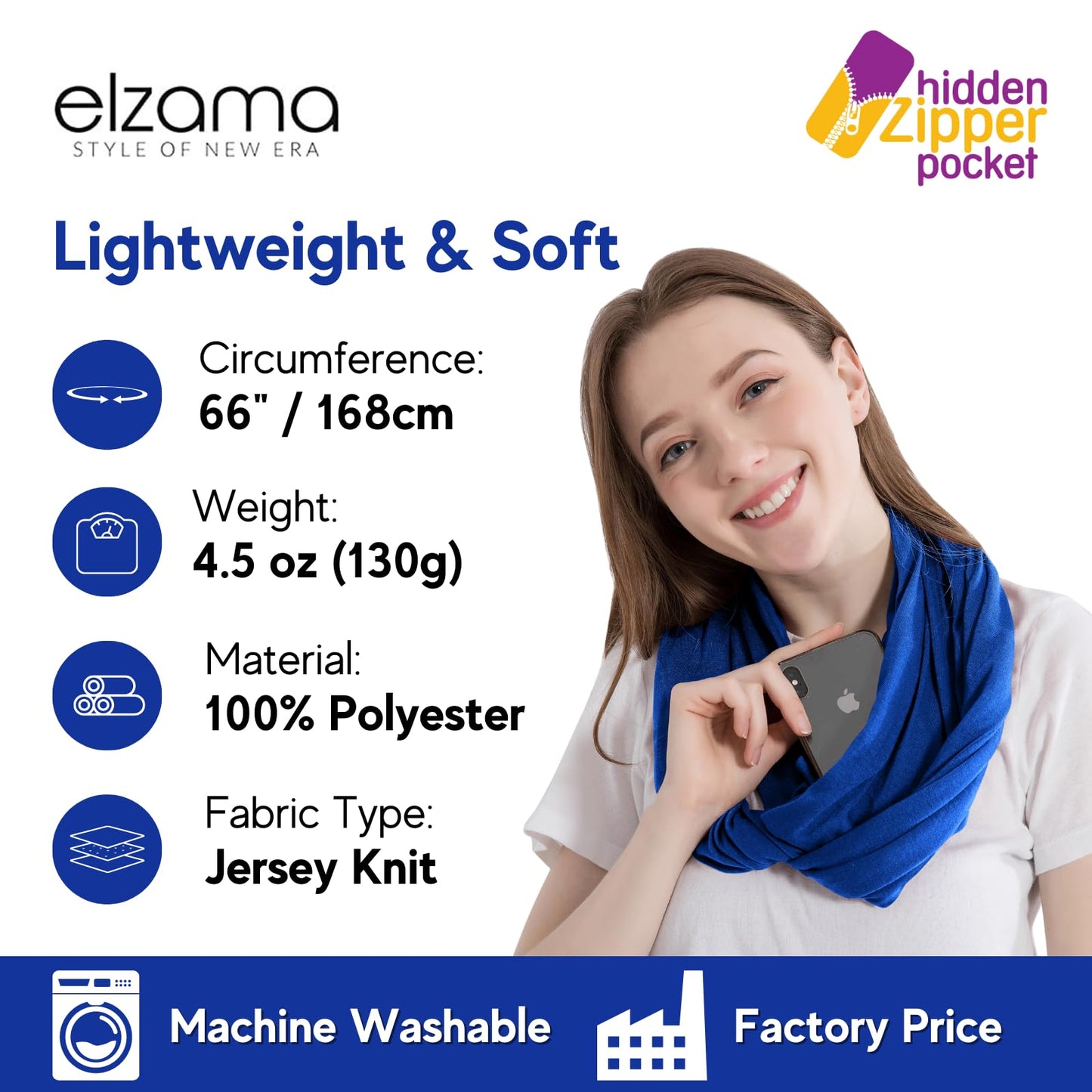 Infinity Loop Solid Color Scarf With Hidden Zipper Pocket For Women - Lightweight Travel Neck Wrap