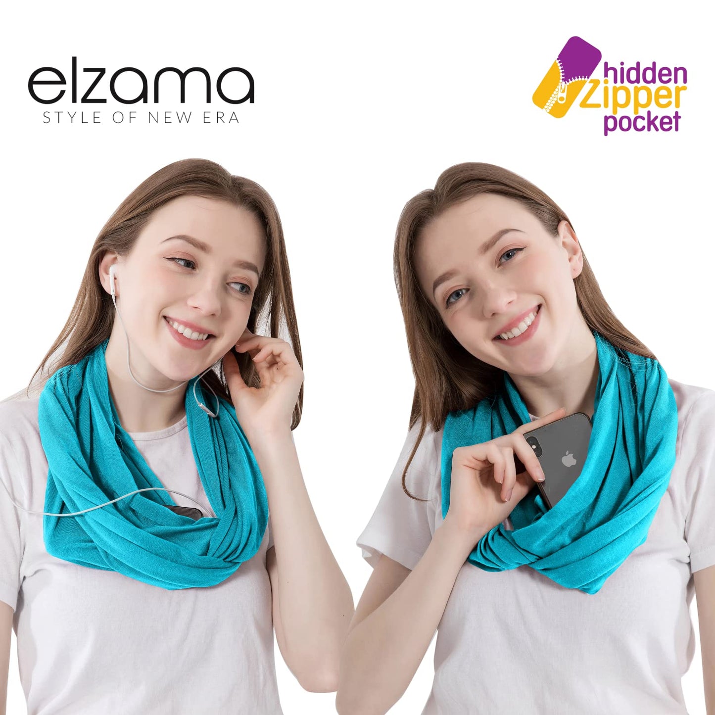 Infinity Loop Solid Color Scarf With Hidden Zipper Pocket For Women - Lightweight Travel Neck Wrap