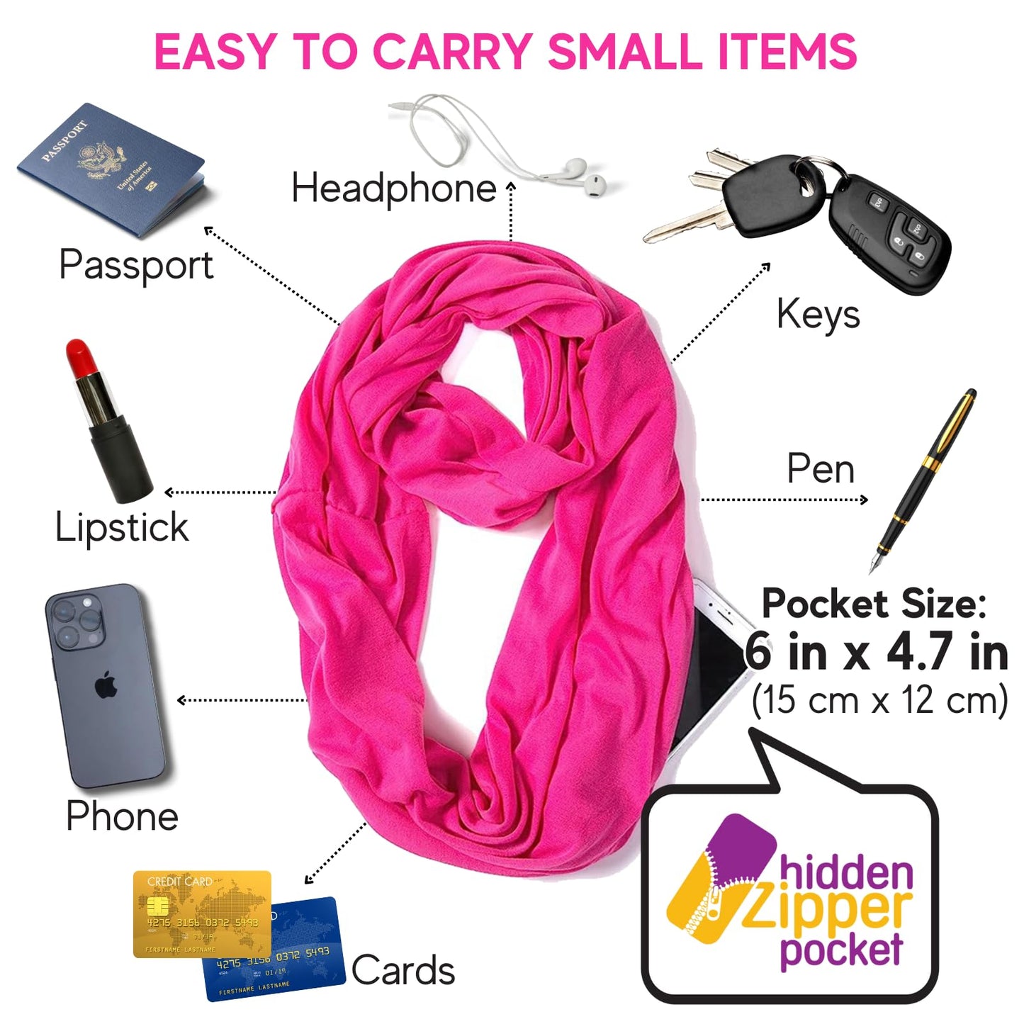 Infinity Loop Solid Color Scarf With Hidden Zipper Pocket For Women - Lightweight Travel Neck Wrap