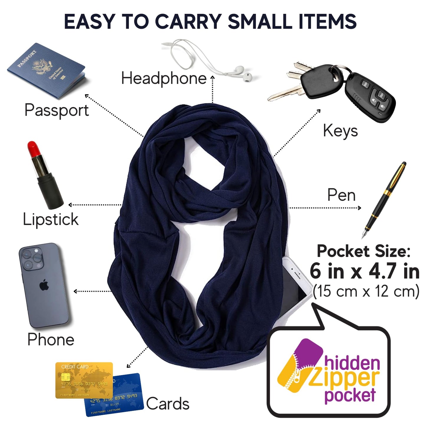 Infinity Loop Solid Color Scarf With Hidden Zipper Pocket For Women - Lightweight Travel Neck Wrap
