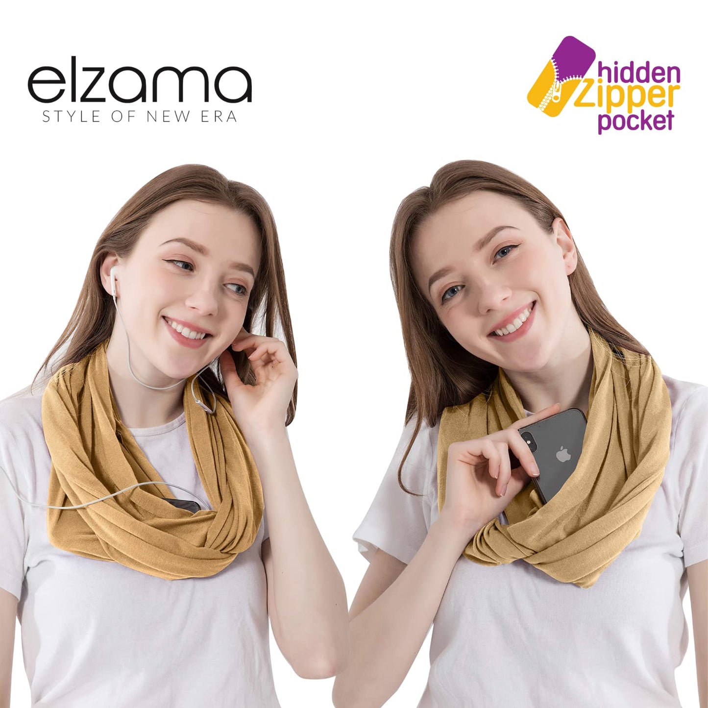Infinity Loop Solid Color Scarf With Hidden Zipper Pocket For Women - Lightweight Travel Neck Wrap