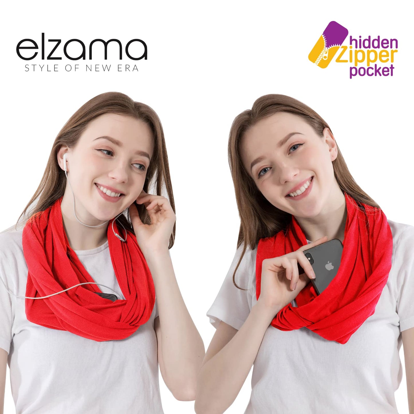 Infinity Loop Solid Color Scarf With Hidden Zipper Pocket For Women - Lightweight Travel Neck Wrap