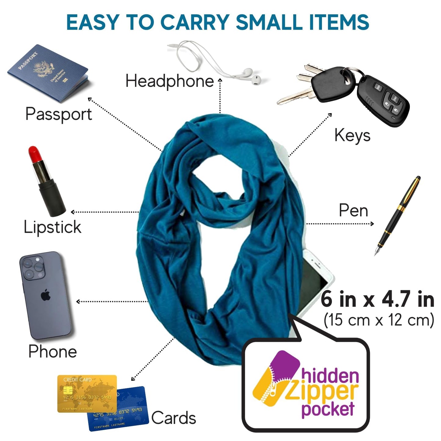 Infinity Loop Solid Color Scarf With Hidden Zipper Pocket For Women - Lightweight Travel Neck Wrap