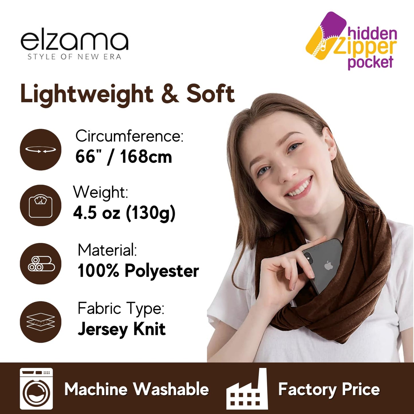Infinity Loop Solid Color Scarf With Hidden Zipper Pocket For Women - Lightweight Travel Neck Wrap