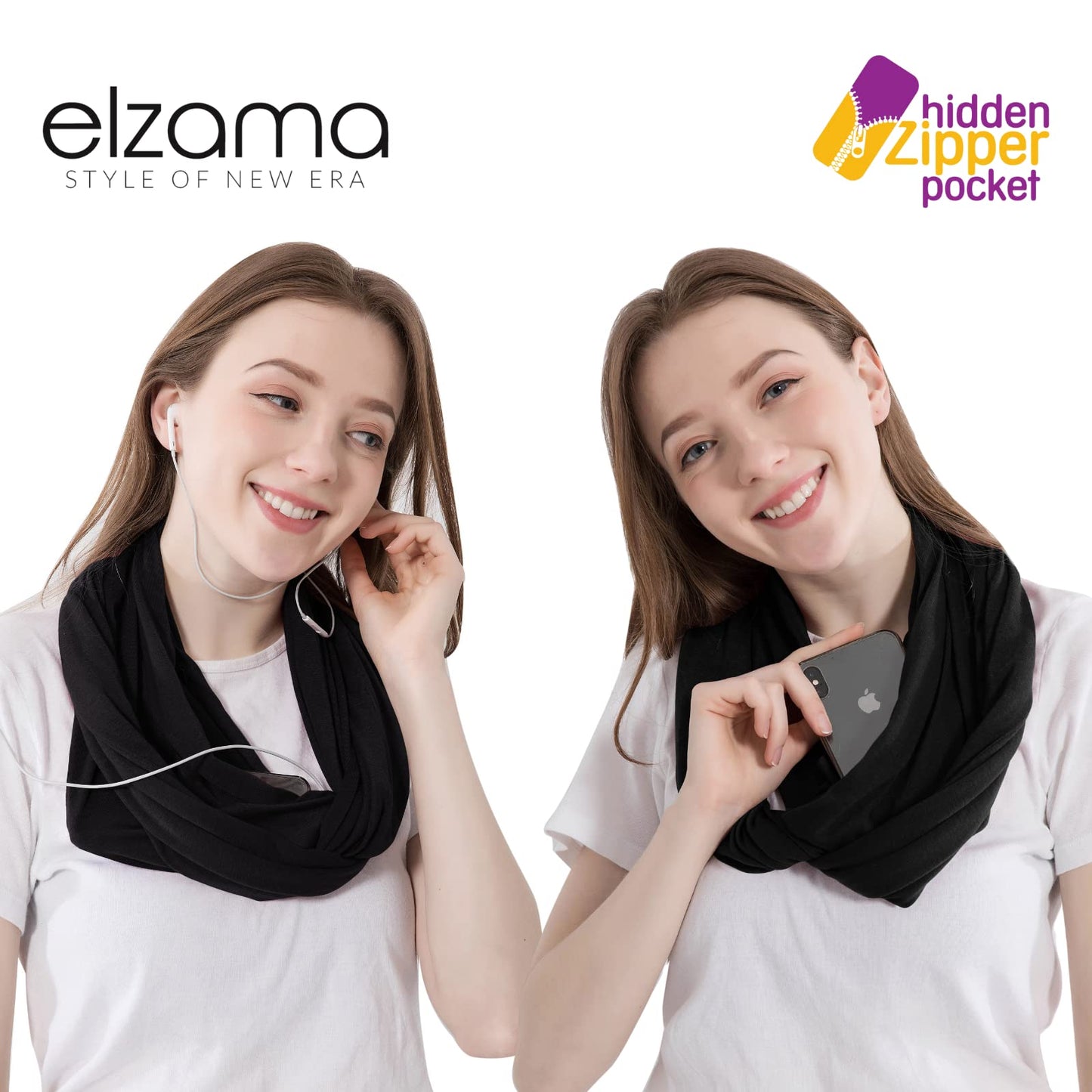 Infinity Loop Solid Color Scarf With Hidden Zipper Pocket For Women - Lightweight Travel Neck Wrap
