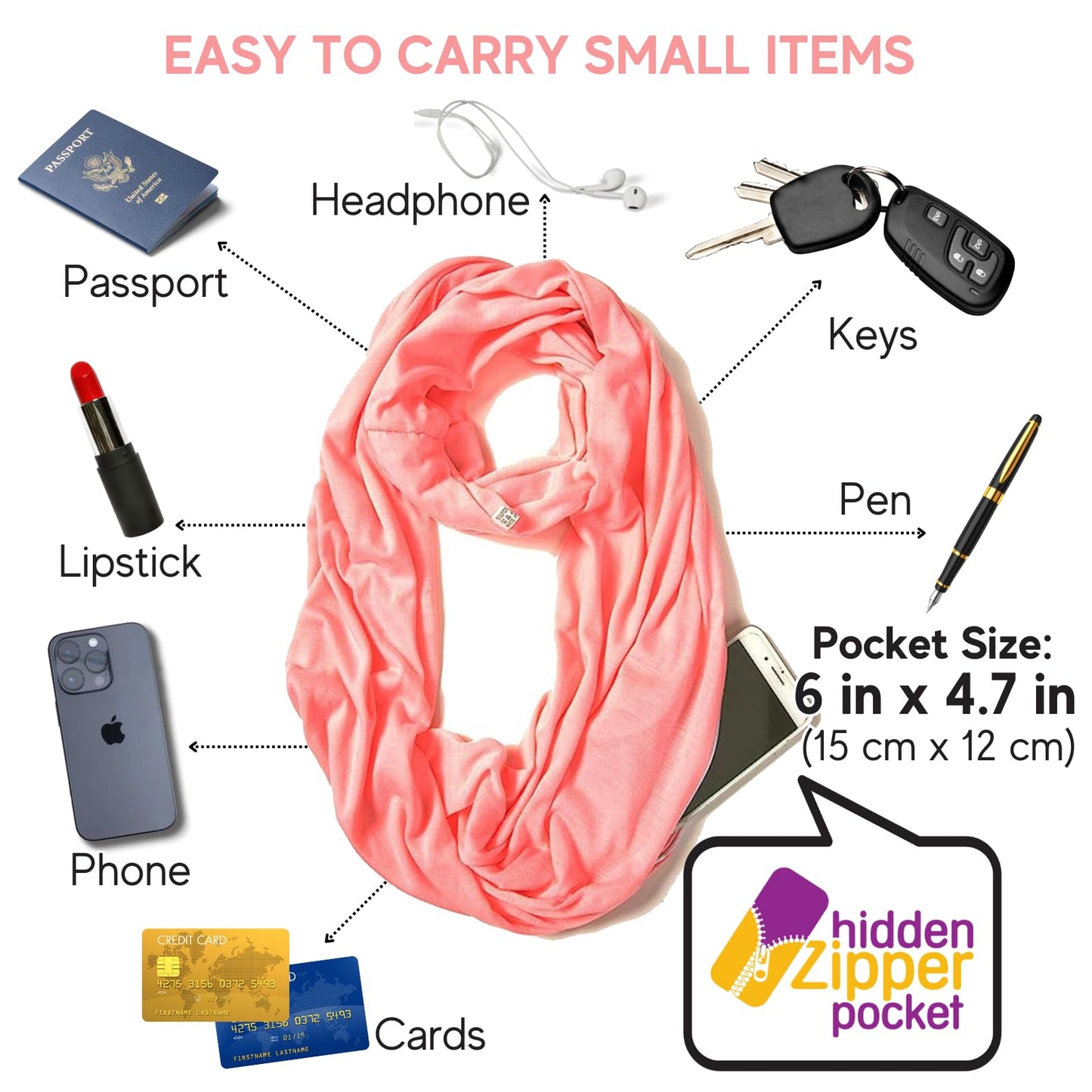 Infinity Loop Solid Color Scarf With Hidden Zipper Pocket For Women - Lightweight Travel Neck Wrap