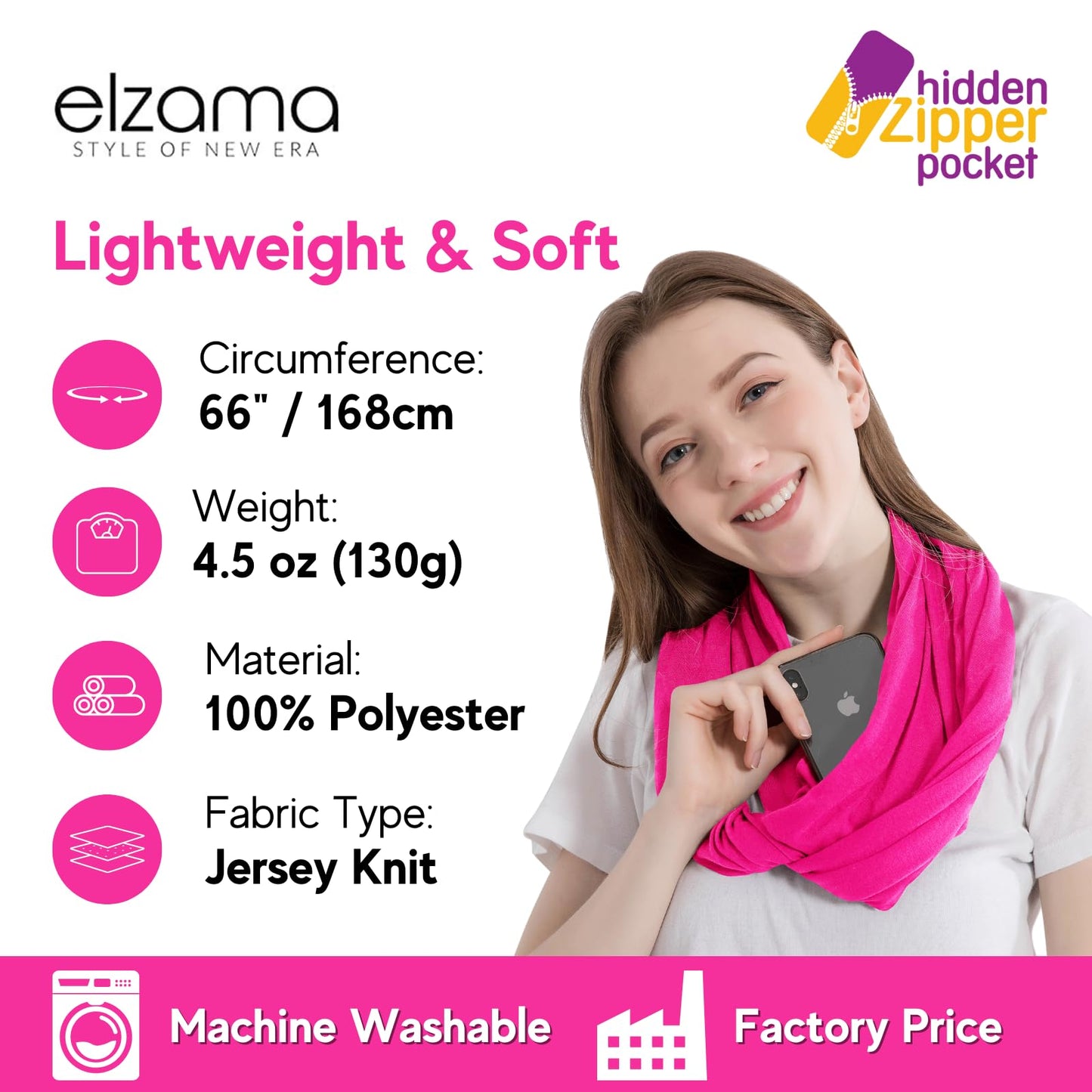Infinity Loop Solid Color Scarf With Hidden Zipper Pocket For Women - Lightweight Travel Neck Wrap