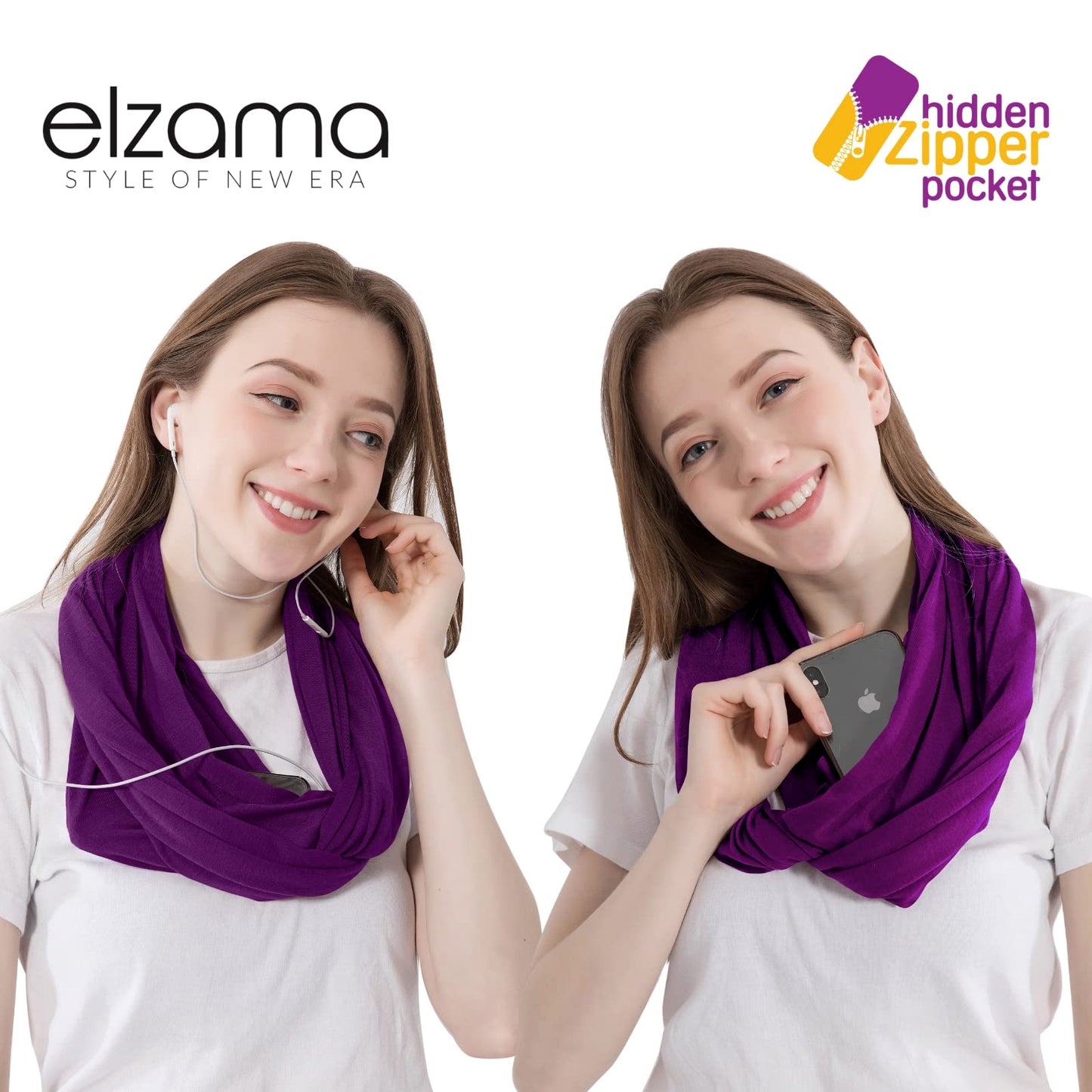 Infinity Loop Solid Color Scarf With Hidden Zipper Pocket For Women - Lightweight Travel Neck Wrap