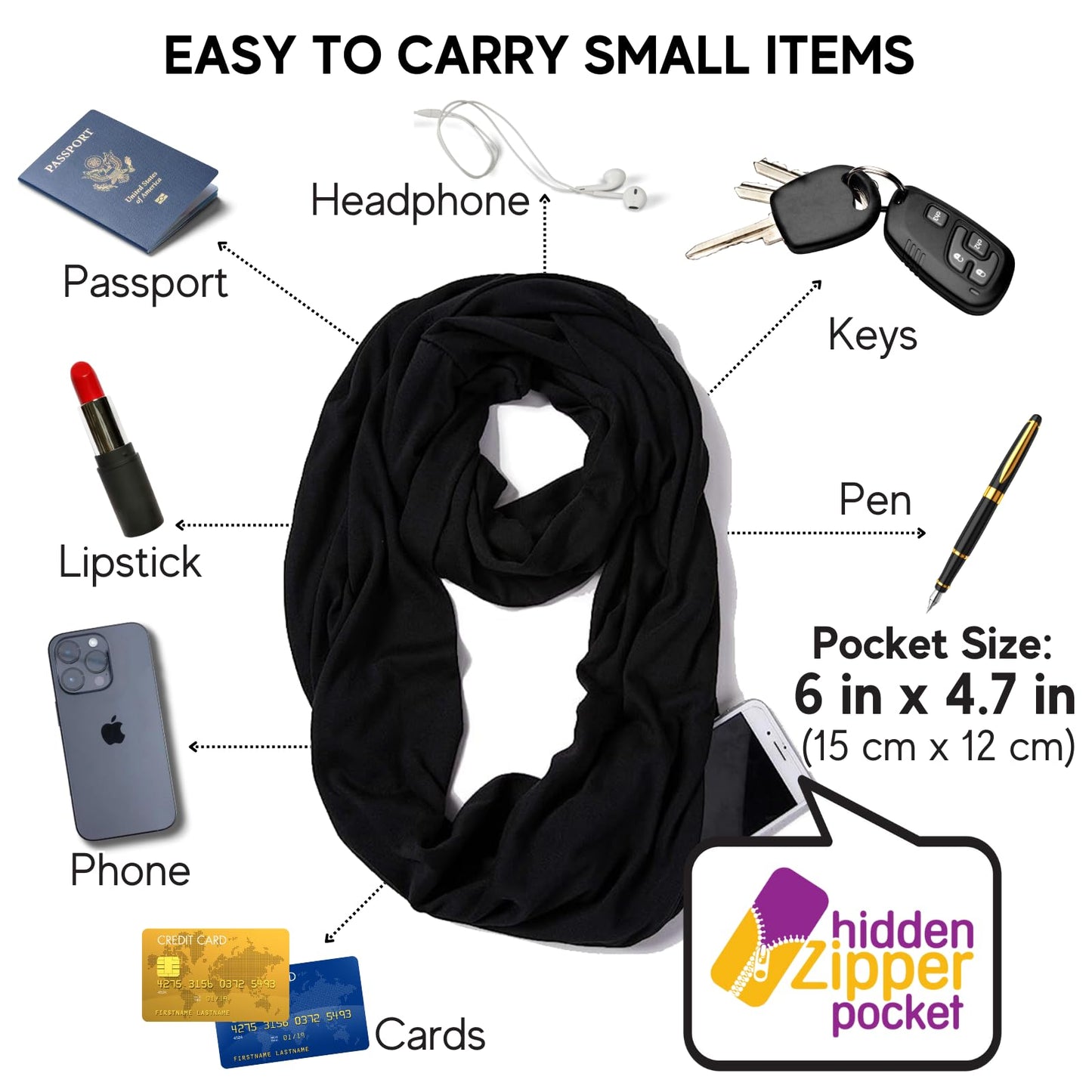 Infinity Loop Solid Color Scarf With Hidden Zipper Pocket For Women - Lightweight Travel Neck Wrap