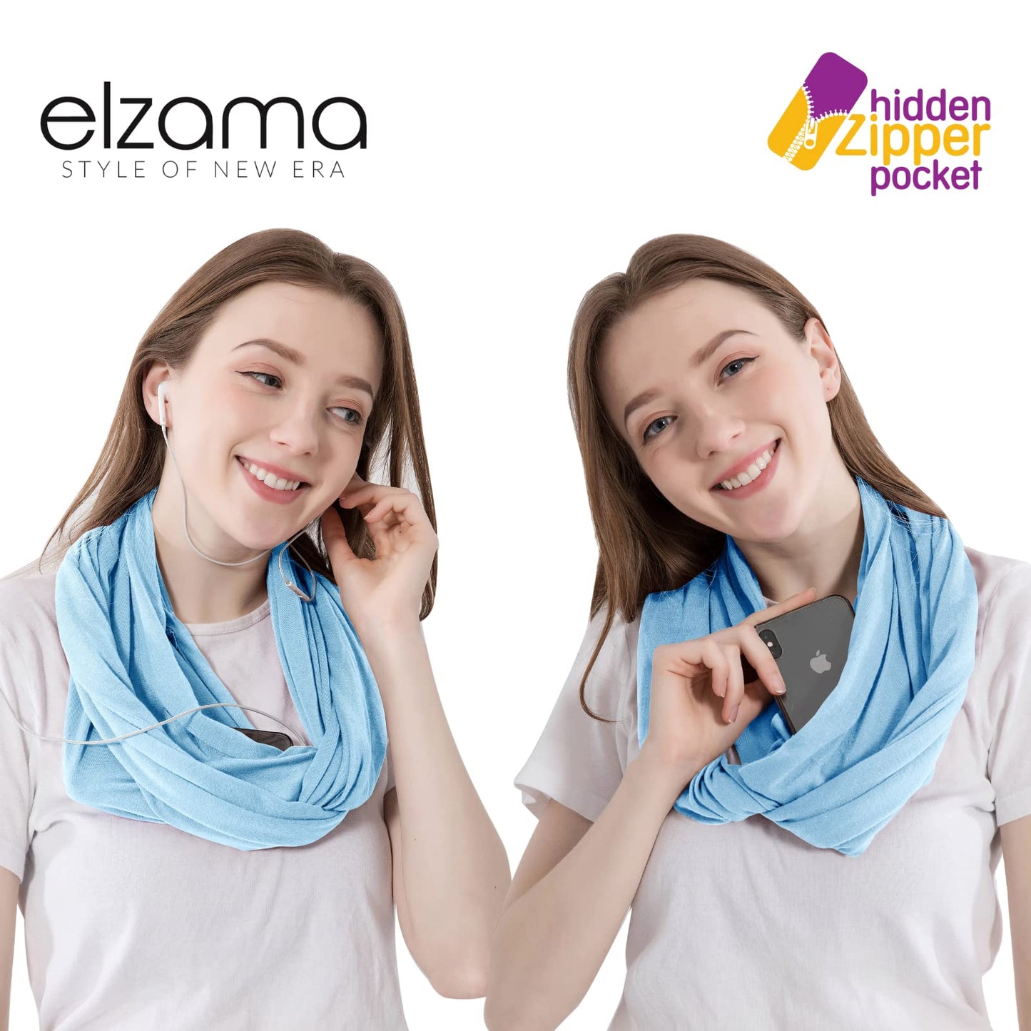 Infinity Loop Solid Color Scarf With Hidden Zipper Pocket For Women - Lightweight Travel Neck Wrap