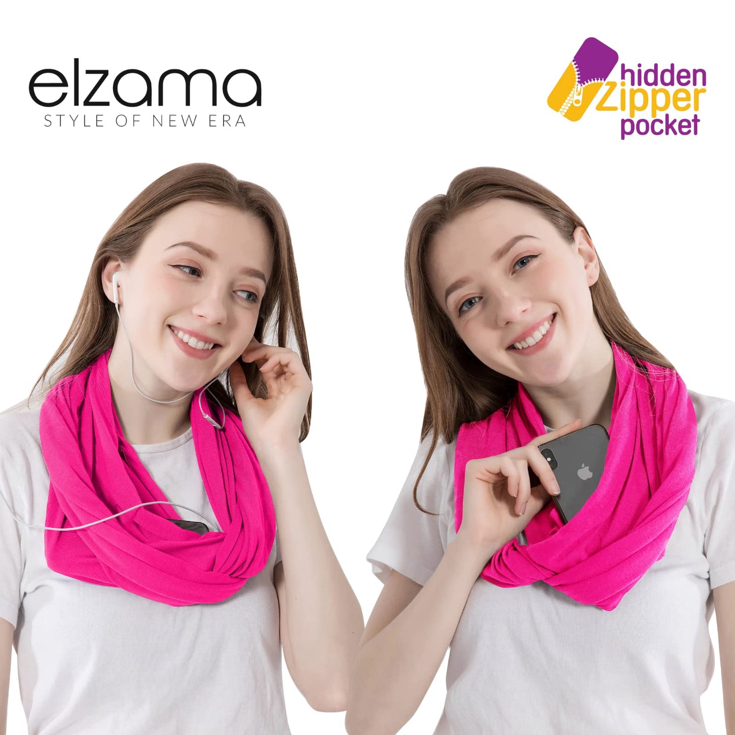 Infinity Loop Solid Color Scarf With Hidden Zipper Pocket For Women - Lightweight Travel Neck Wrap