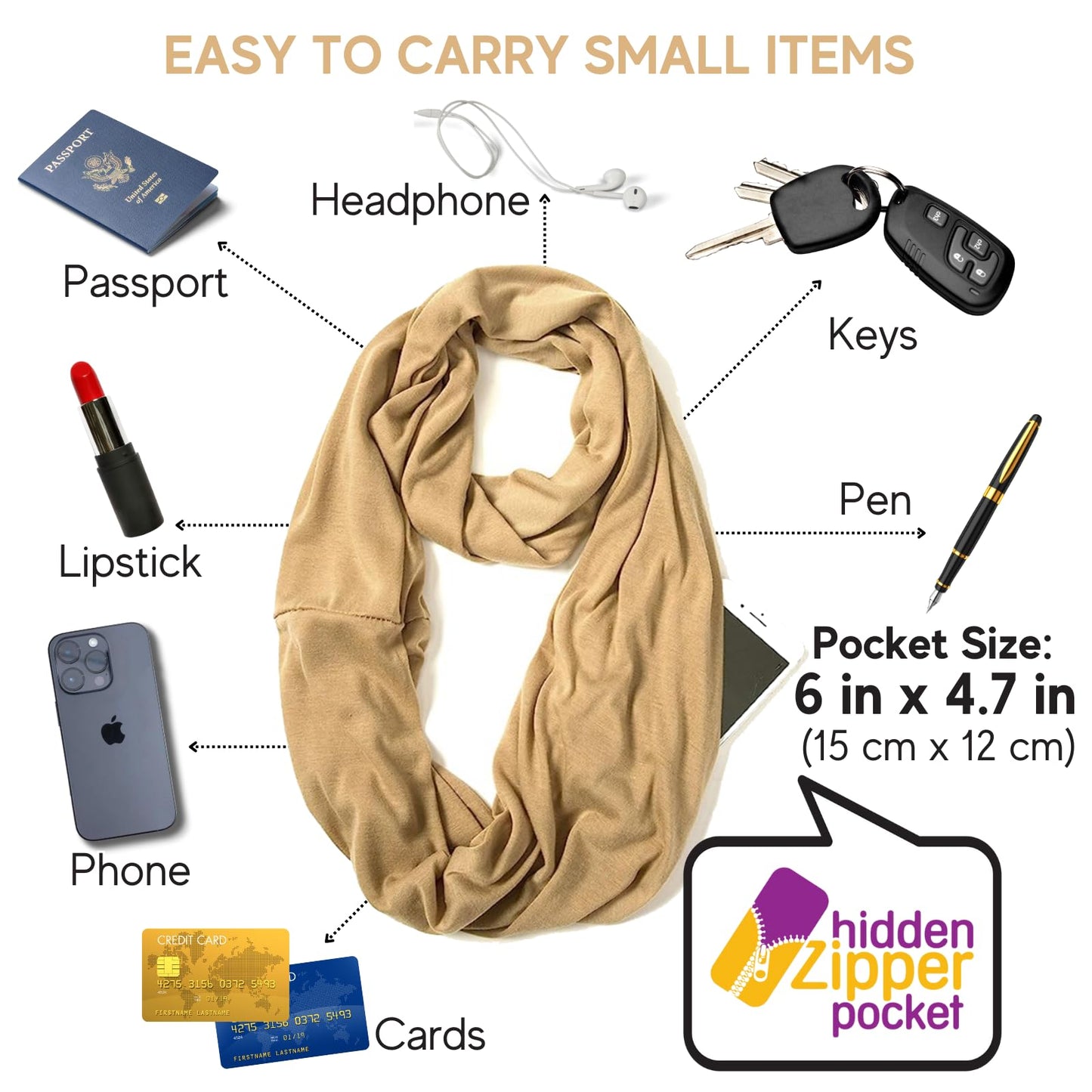 Infinity Loop Solid Color Scarf With Hidden Zipper Pocket For Women - Lightweight Travel Neck Wrap