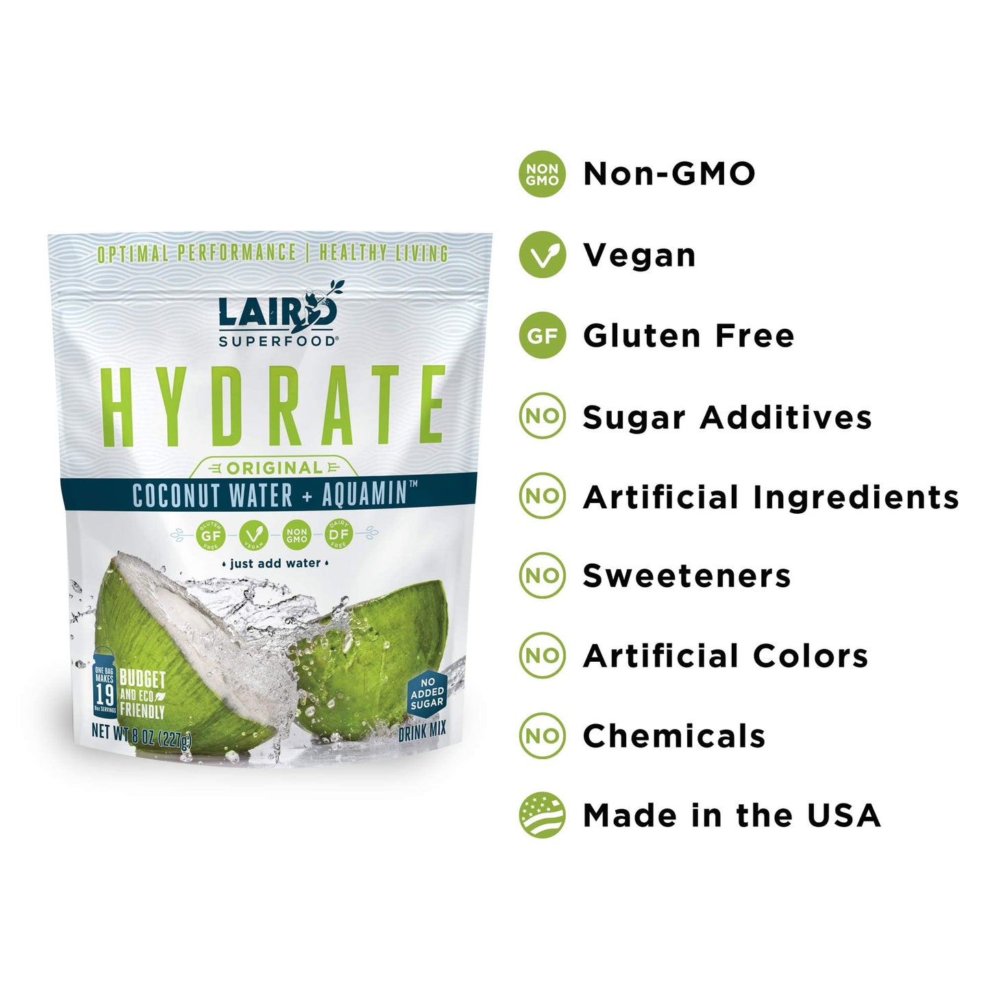 SL Travel Supplements - Laird Superfood HYDRATE Coconut Water Powder Drink Supplement with Coconut Water and Auqamin, All Natural, No Added Sugars, Gluten-Free, Non-GMO, Vegan, 8 oz. Bag, Pack of 1