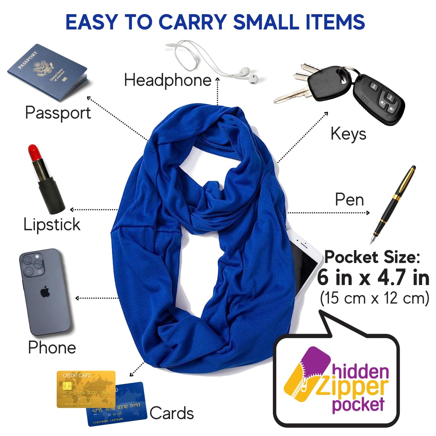 Infinity Loop Solid Color Scarf With Hidden Zipper Pocket For Women - Lightweight Travel Neck Wrap