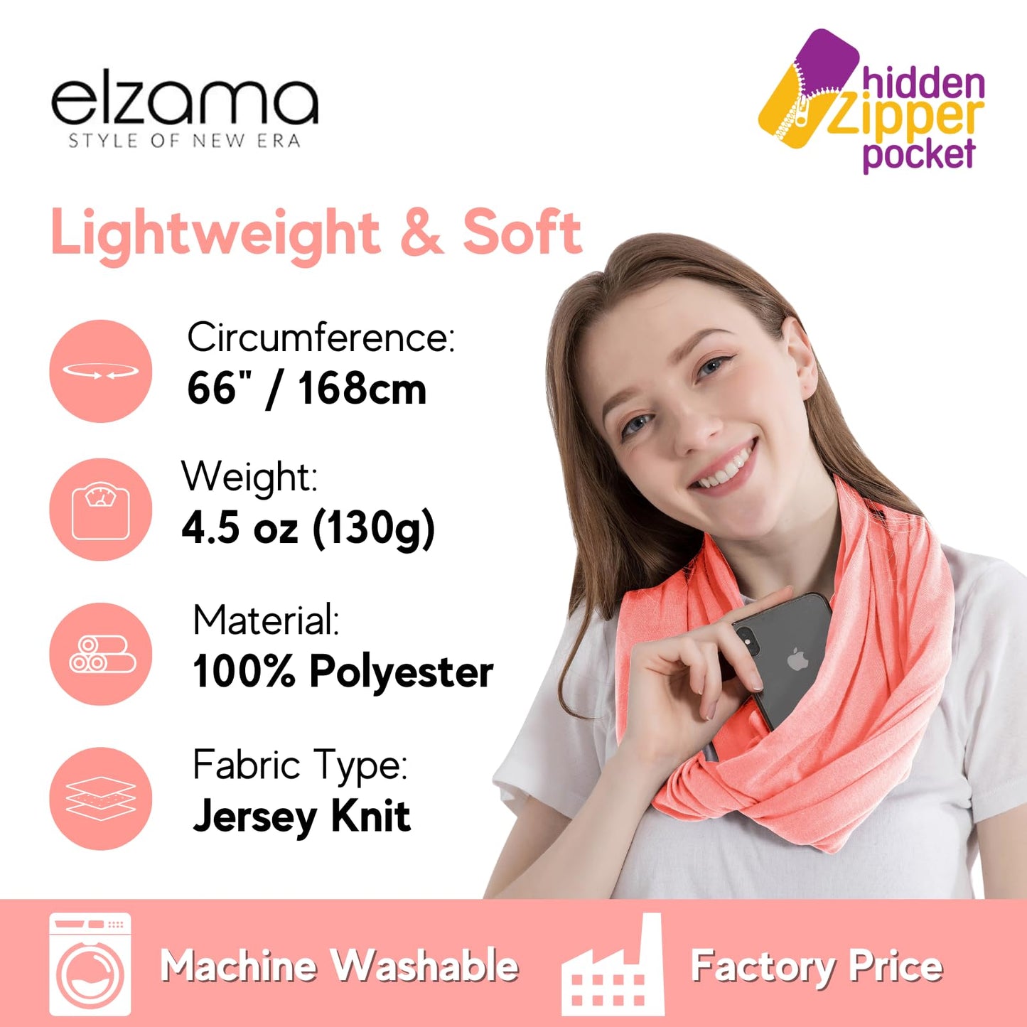 Infinity Loop Solid Color Scarf With Hidden Zipper Pocket For Women - Lightweight Travel Neck Wrap