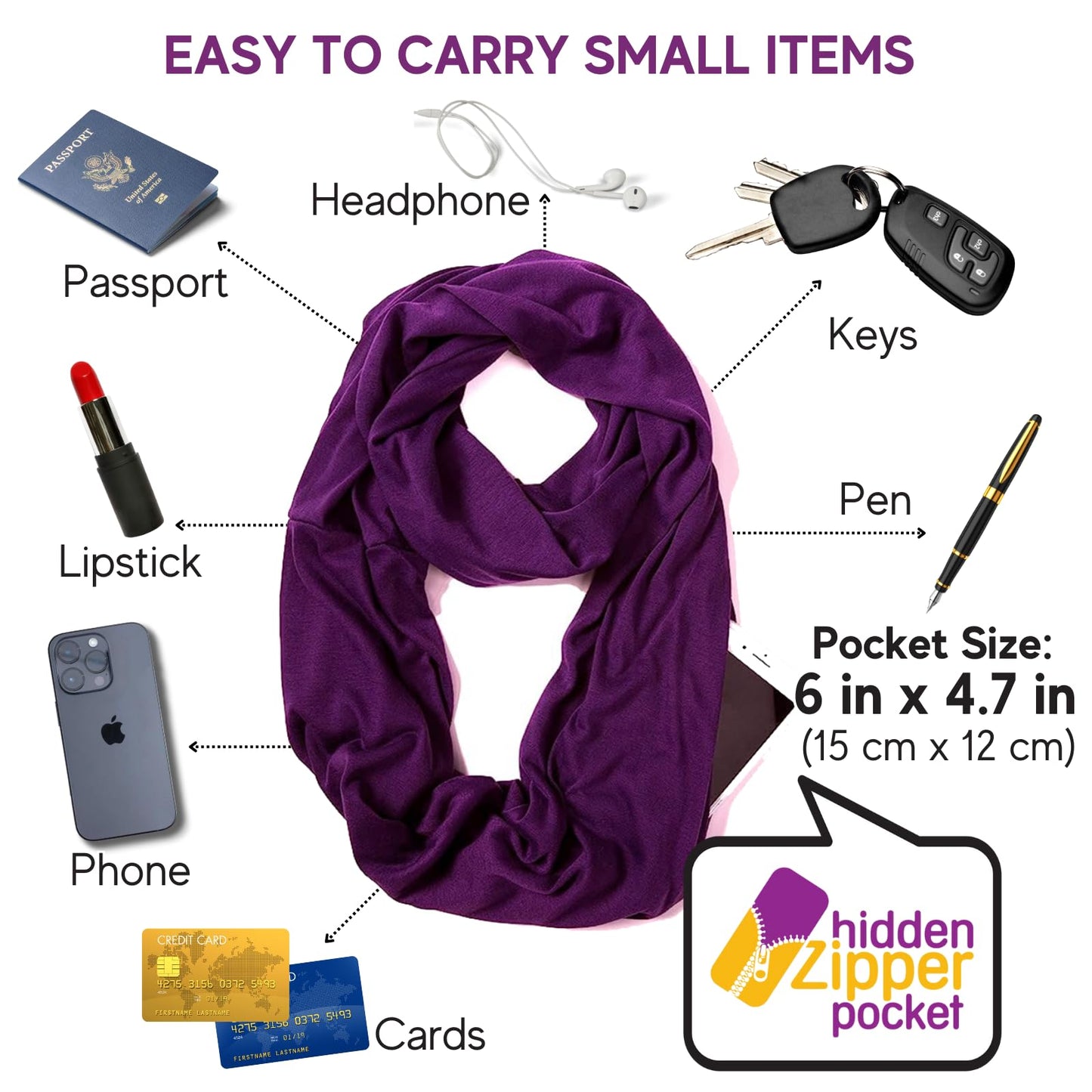 Infinity Loop Solid Color Scarf With Hidden Zipper Pocket For Women - Lightweight Travel Neck Wrap