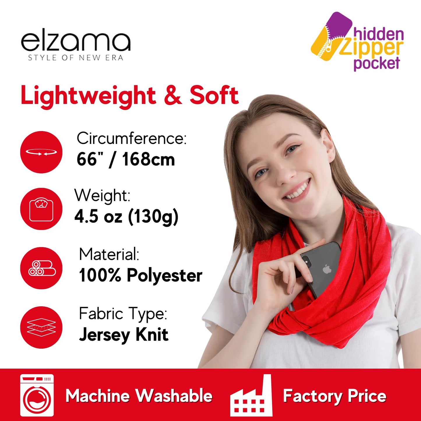 Infinity Loop Solid Color Scarf With Hidden Zipper Pocket For Women - Lightweight Travel Neck Wrap