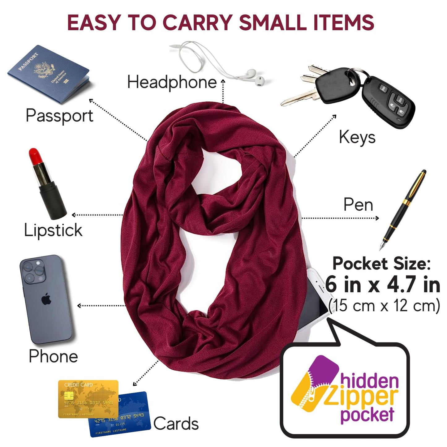 Infinity Loop Solid Color Scarf With Hidden Zipper Pocket For Women - Lightweight Travel Neck Wrap