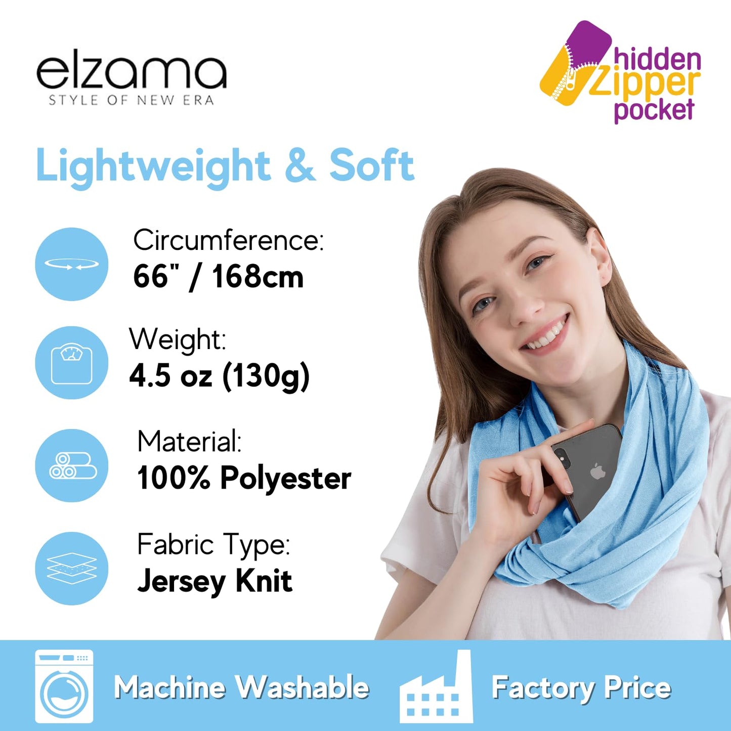 Infinity Loop Solid Color Scarf With Hidden Zipper Pocket For Women - Lightweight Travel Neck Wrap