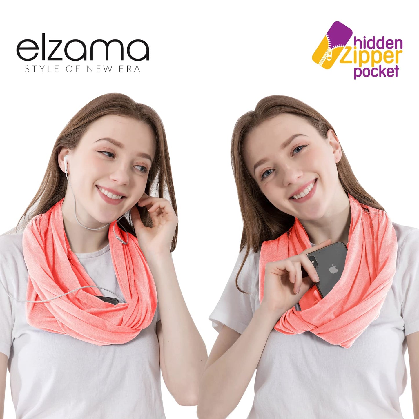 Infinity Loop Solid Color Scarf With Hidden Zipper Pocket For Women - Lightweight Travel Neck Wrap