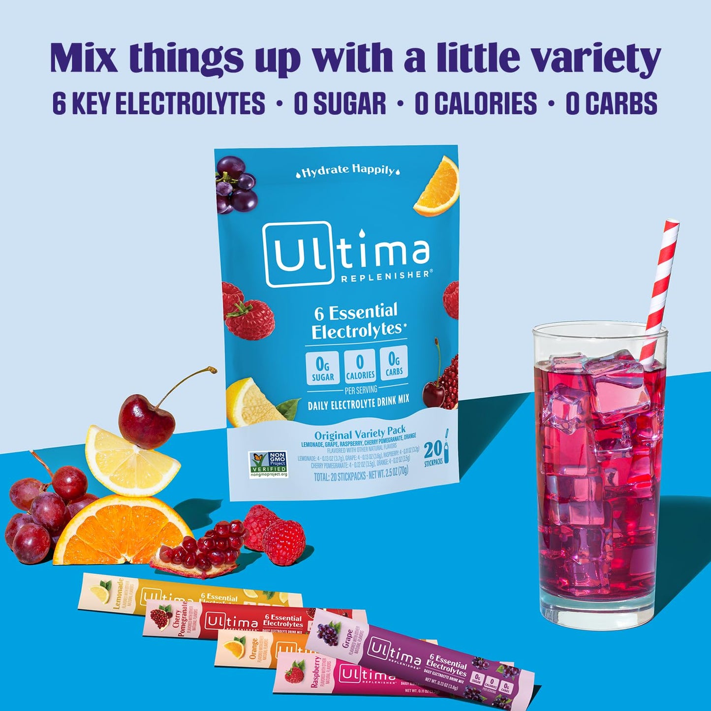 SL Travel Supplements - Ultima Replenisher Daily Electrolyte Drink Mix – Original Variety, 20 Packets – Hydration Packets with 6 Electrolytes & Minerals – Keto Friendly, Vegan, Non- GMO & Sugar-Free Electrolyte Powder