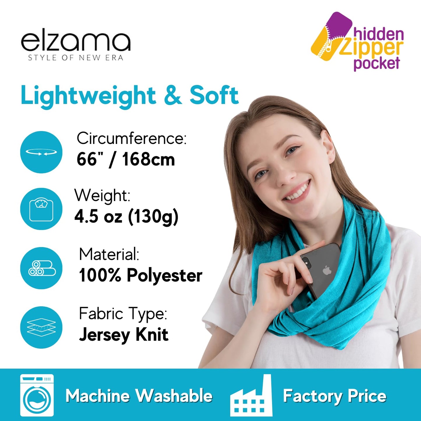 Infinity Loop Solid Color Scarf With Hidden Zipper Pocket For Women - Lightweight Travel Neck Wrap
