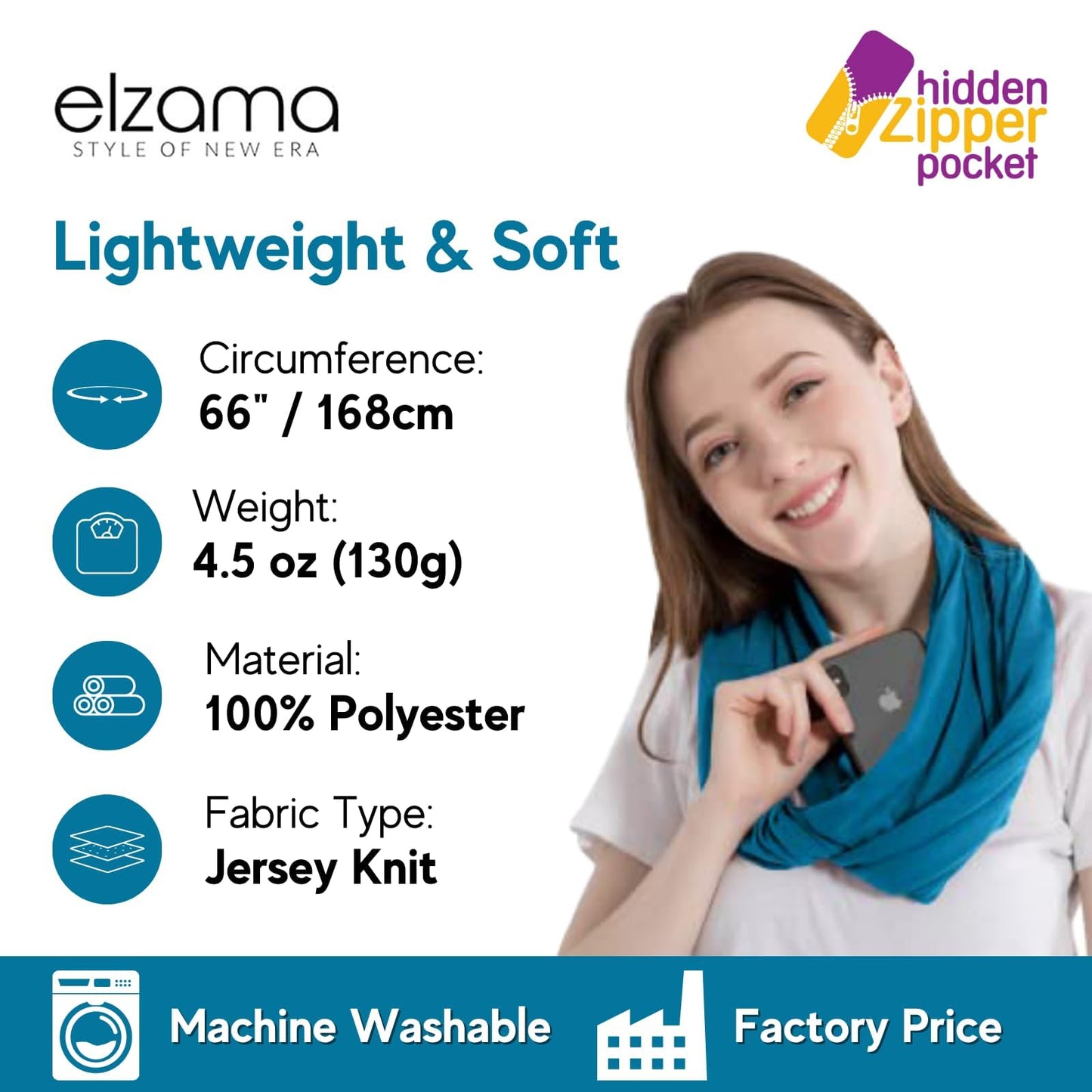 Infinity Loop Solid Color Scarf With Hidden Zipper Pocket For Women - Lightweight Travel Neck Wrap