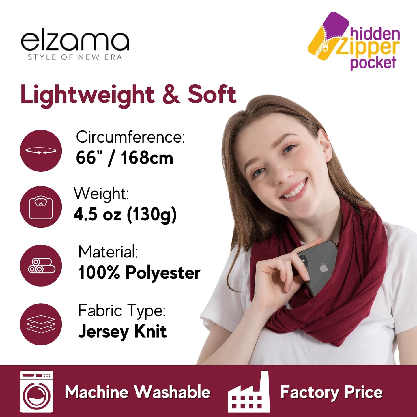 Infinity Loop Solid Color Scarf With Hidden Zipper Pocket For Women - Lightweight Travel Neck Wrap