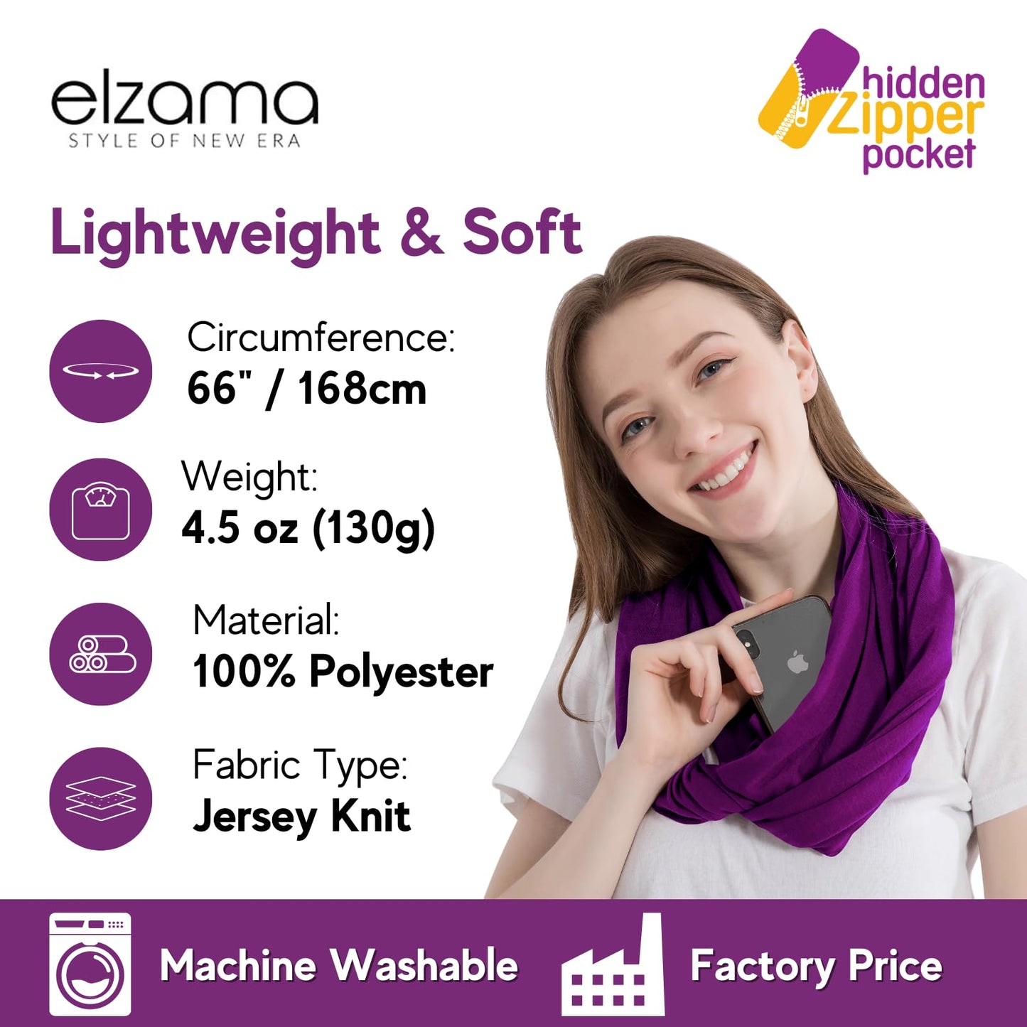 Infinity Loop Solid Color Scarf With Hidden Zipper Pocket For Women - Lightweight Travel Neck Wrap