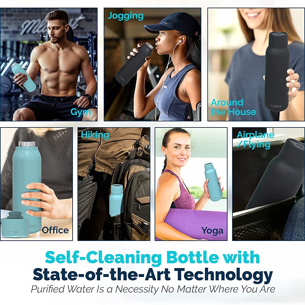SL Travel Gear WB - Go Self-Cleaning UV Water Bottle - 18.6 oz Insulated Stainless-Steel Rechargeable Reusable Bottle Push Button Sterilization Travel Friendly BPA Free Leakproof Safety Lock and Touch Sensor