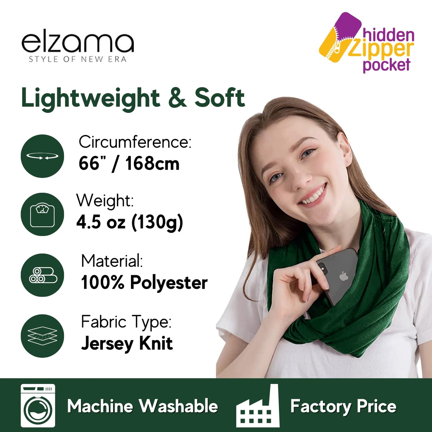Infinity Loop Solid Color Scarf With Hidden Zipper Pocket For Women - Lightweight Travel Neck Wrap