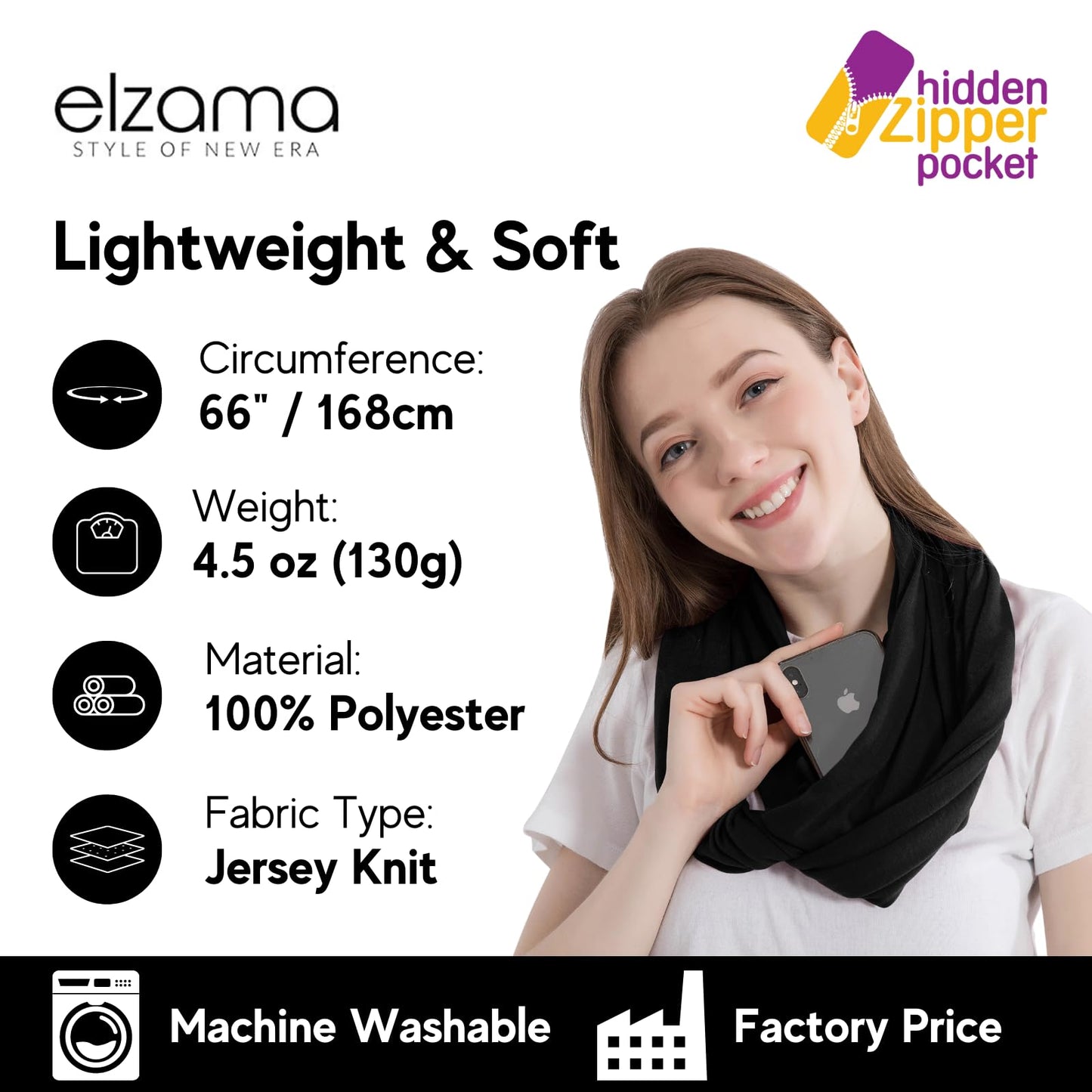 Infinity Loop Solid Color Scarf With Hidden Zipper Pocket For Women - Lightweight Travel Neck Wrap