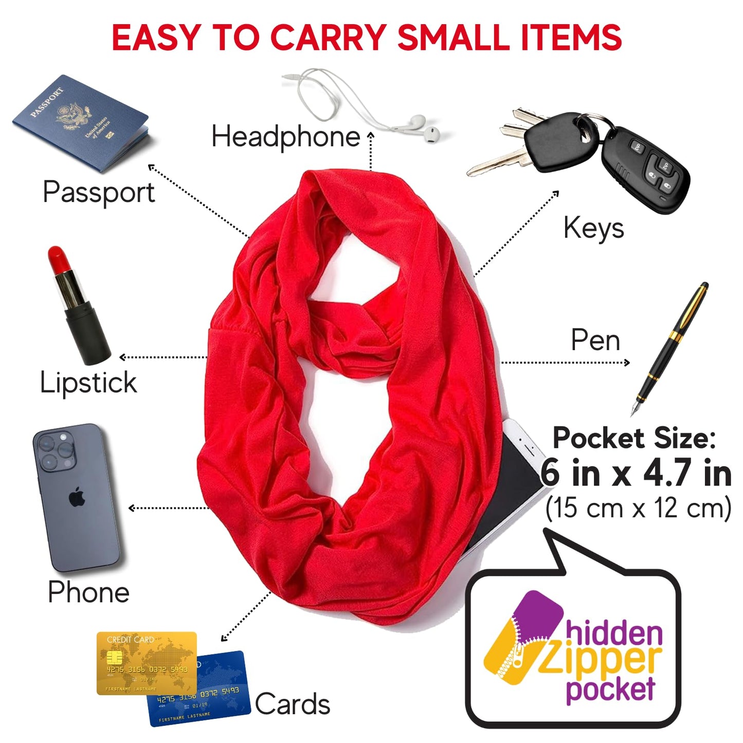 Infinity Loop Solid Color Scarf With Hidden Zipper Pocket For Women - Lightweight Travel Neck Wrap