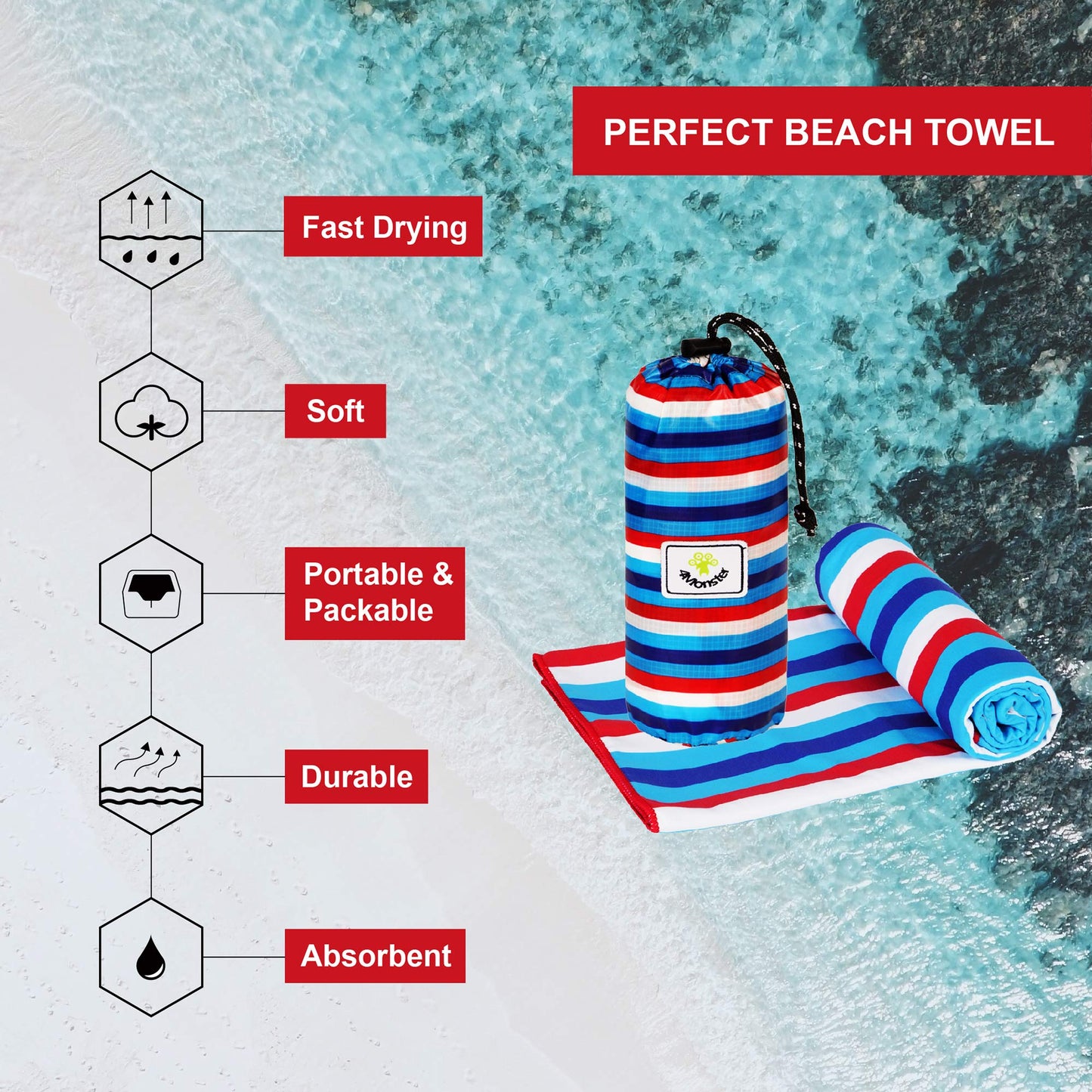 SL Travel Gear - 4Monster Microfiber Beach Towel Quick Dry,Super Absorbent Lightweight Travel Towel for Swimmers, Sand Free Camping Towel, Beach Towels for Pool, Swim, Water Sports,Yoga,Gym,Backpacking