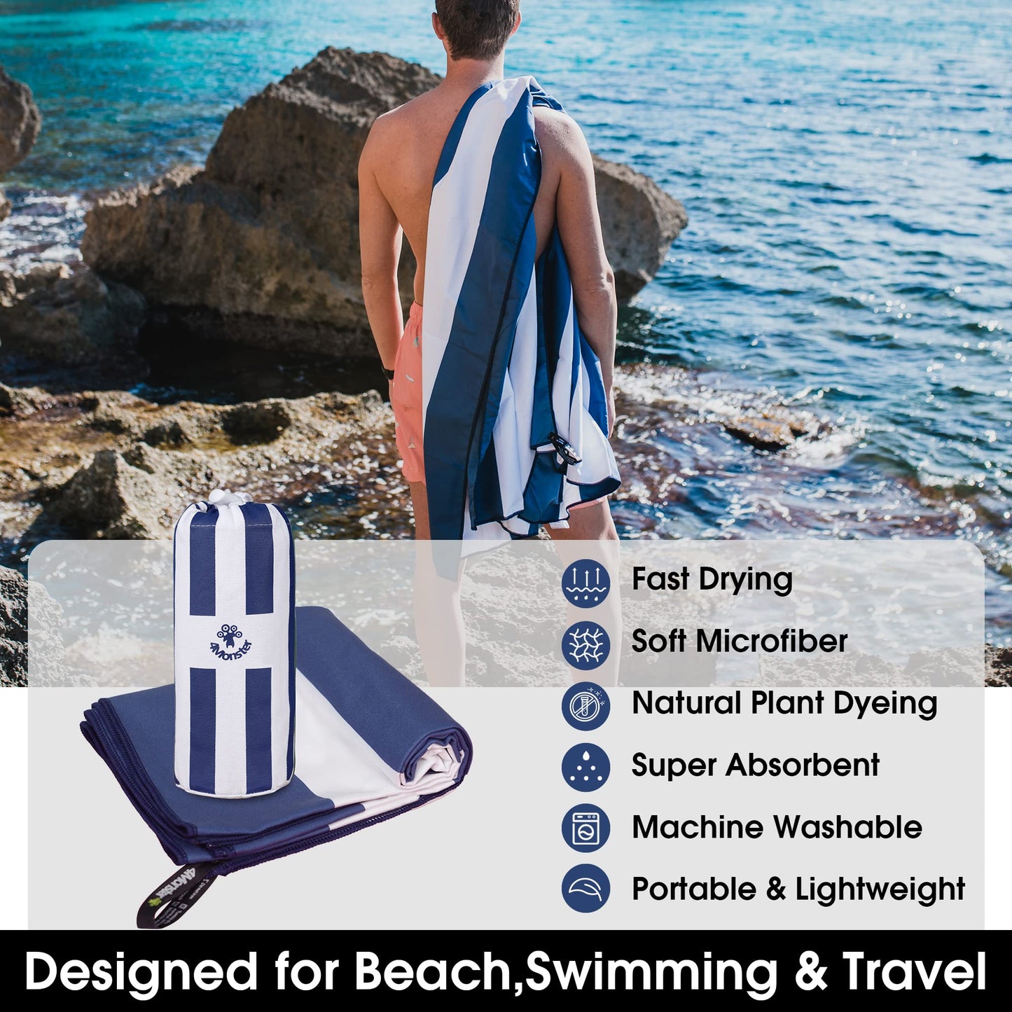 SL Travel Gear - 4Monster Microfiber Beach Towel Quick Dry,Super Absorbent Lightweight Travel Towel for Swimmers, Sand Free Camping Towel, Beach Towels for Pool, Swim, Water Sports,Yoga,Gym,Backpacking