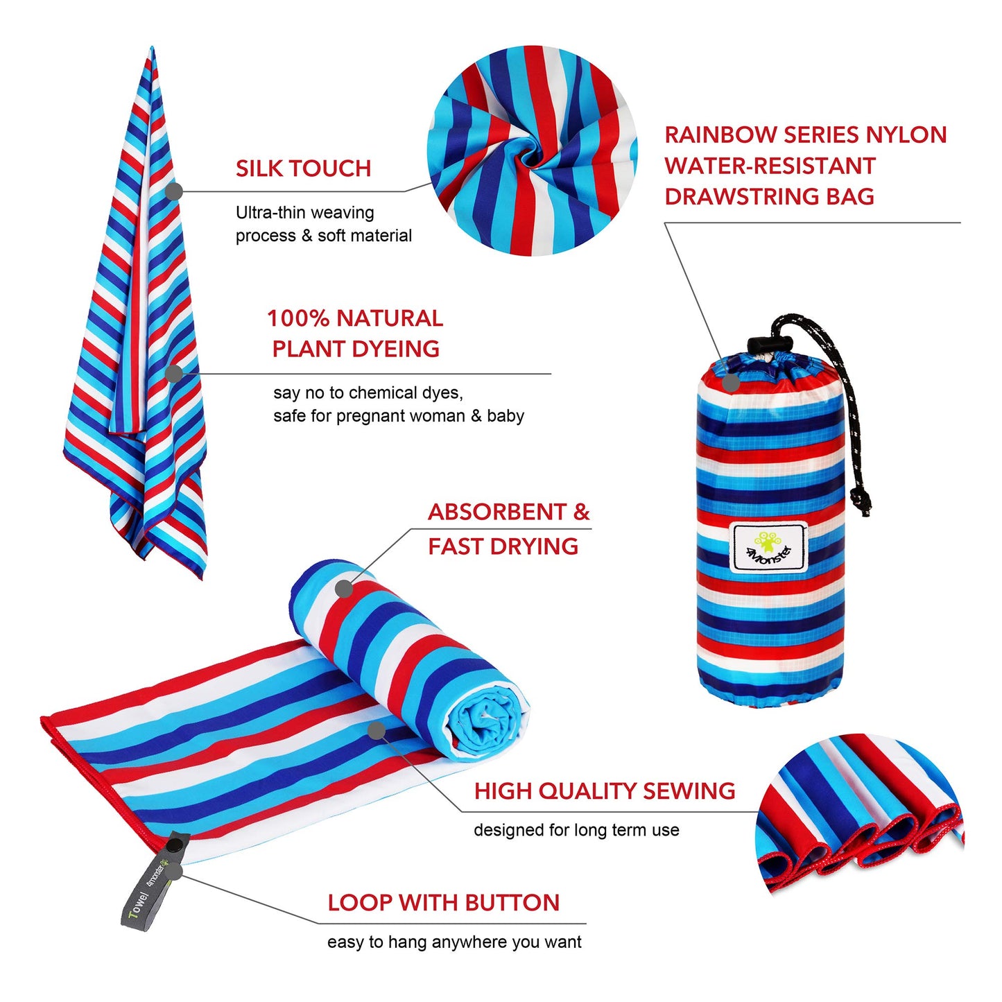 SL Travel Gear - 4Monster Microfiber Beach Towel Quick Dry,Super Absorbent Lightweight Travel Towel for Swimmers, Sand Free Camping Towel, Beach Towels for Pool, Swim, Water Sports,Yoga,Gym,Backpacking