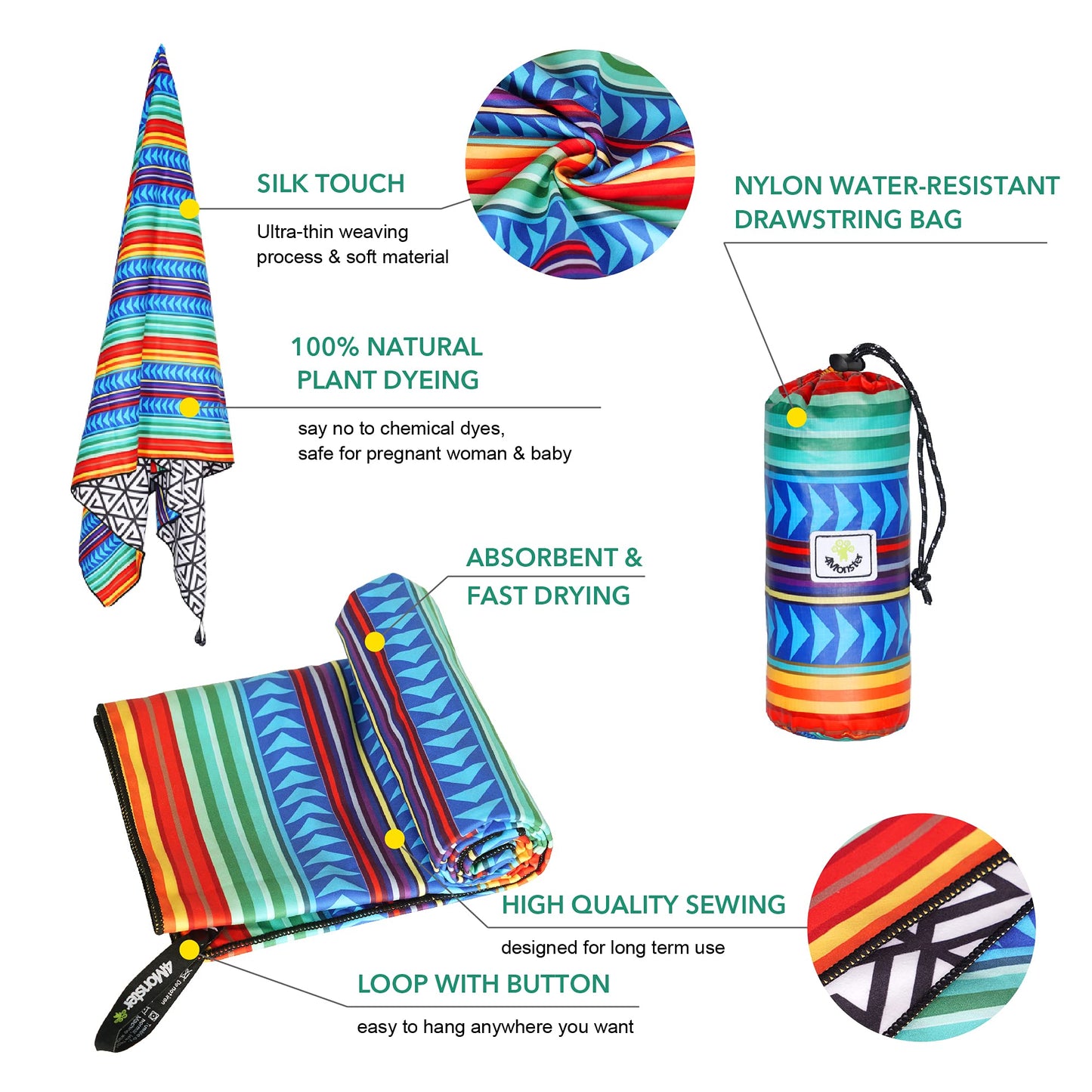 SL Travel Gear - 4Monster Microfiber Beach Towel Quick Dry,Super Absorbent Lightweight Travel Towel for Swimmers, Sand Free Camping Towel, Beach Towels for Pool, Swim, Water Sports,Yoga,Gym,Backpacking