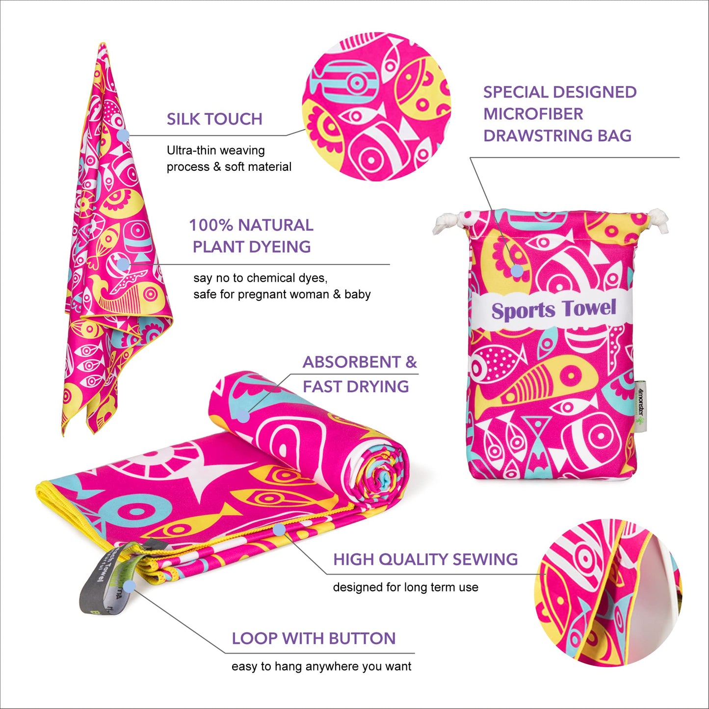 SL Travel Gear - 4Monster Microfiber Beach Towel Quick Dry,Super Absorbent Lightweight Travel Towel for Swimmers, Sand Free Camping Towel, Beach Towels for Pool, Swim, Water Sports,Yoga,Gym,Backpacking